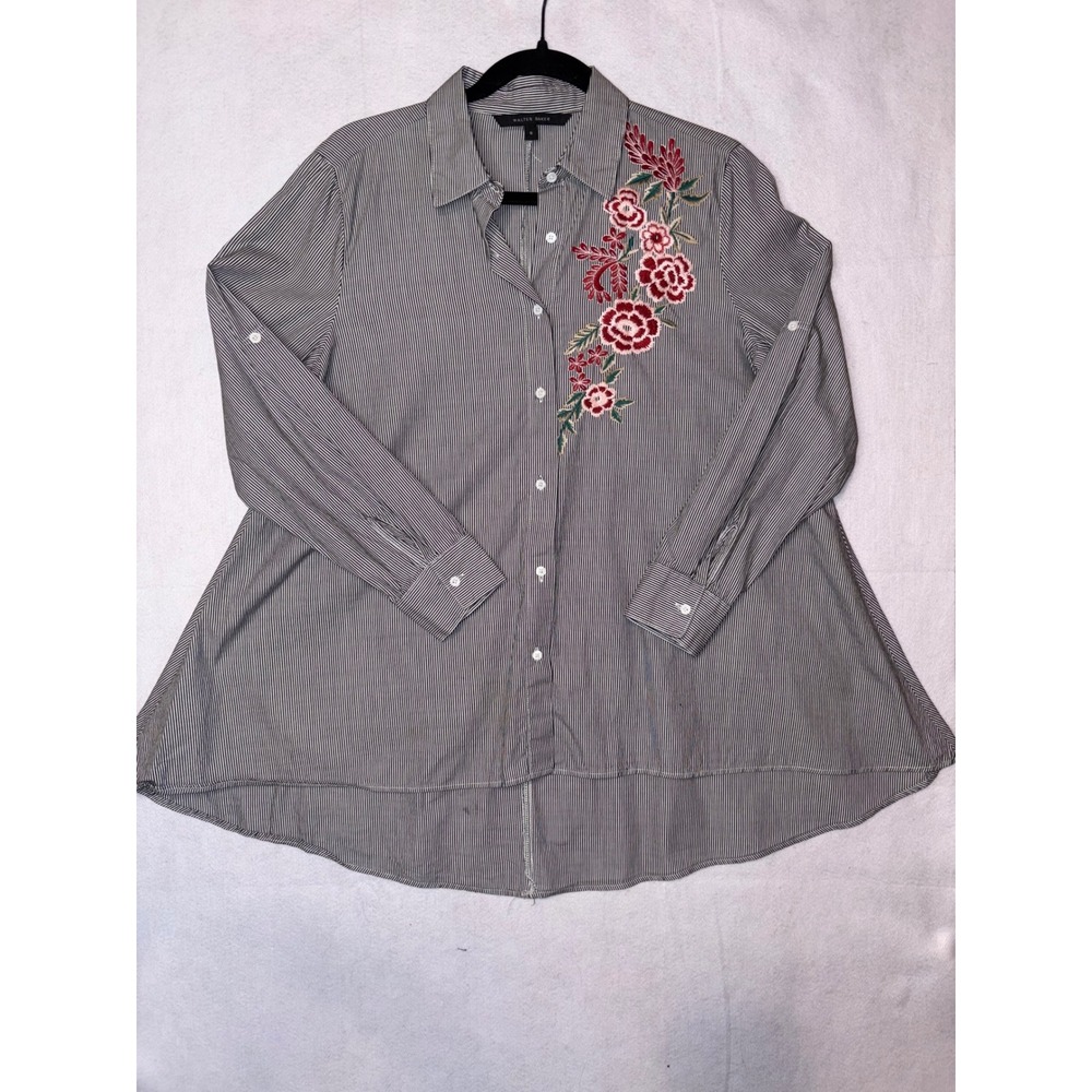 Walter‎ Baker Black White Striped Floral Embroidered long sleeve Cotton Shirt
